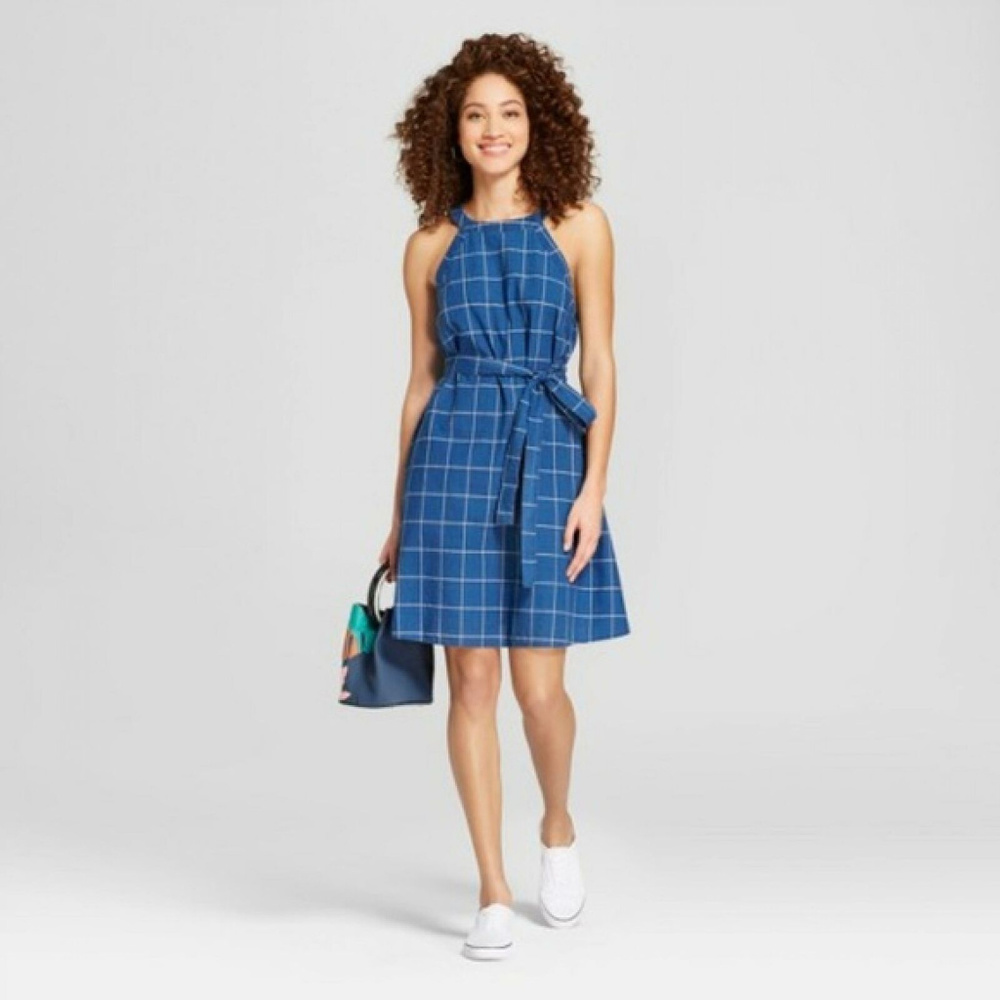 A New Day Blue White Plaid Windowpane Dress MED